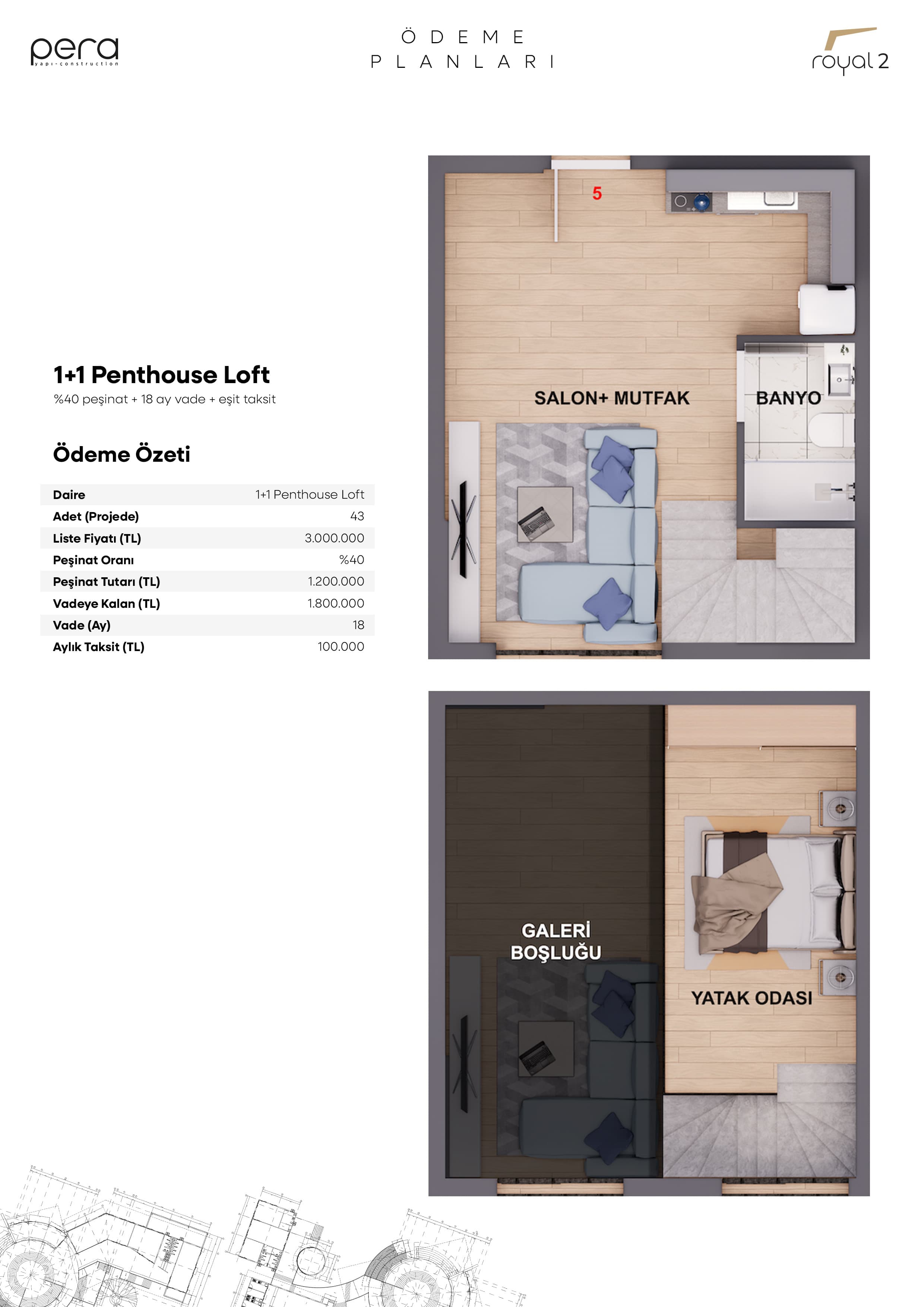 1+1 Penthouse Loft Kat Planı Çizimi